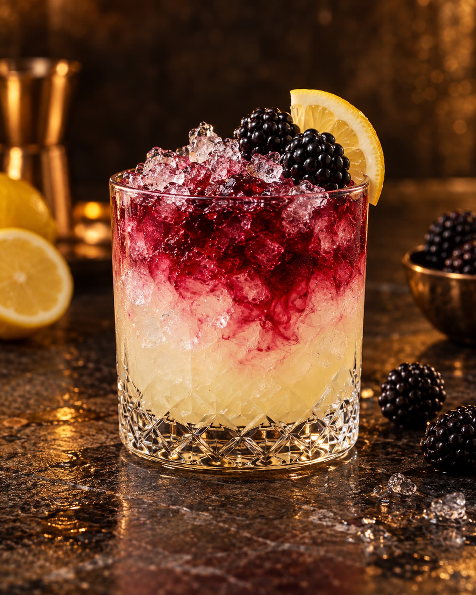 Bramble over crushed ice with blackberry liqueur, lemon and blackberries.