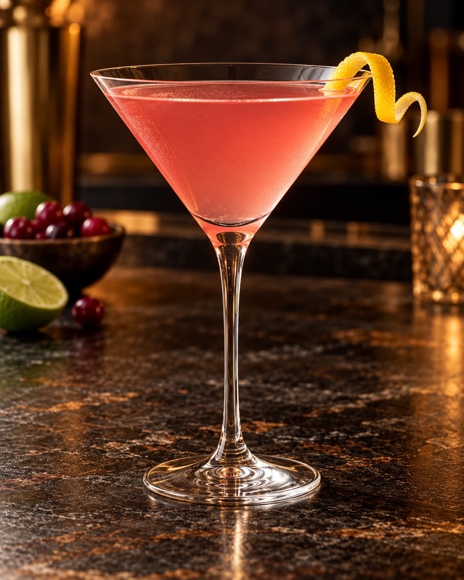 Pink Cosmopolitan in a stemmed cocktail glass with a lemon twist.