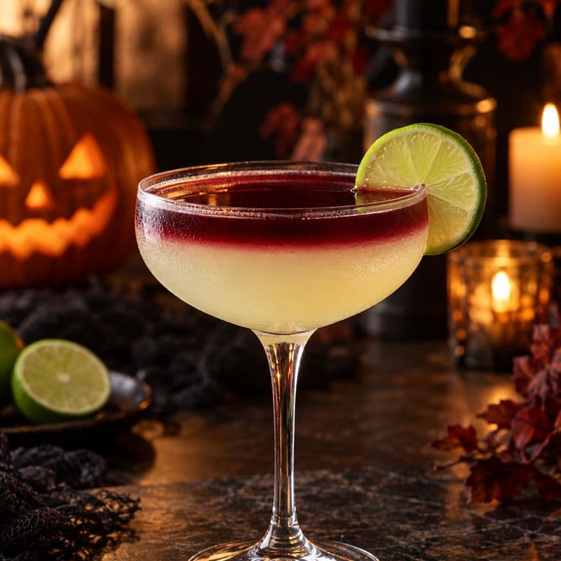 Pale lime Margarita in a coupe with a deep red wine layer and lime wheel.