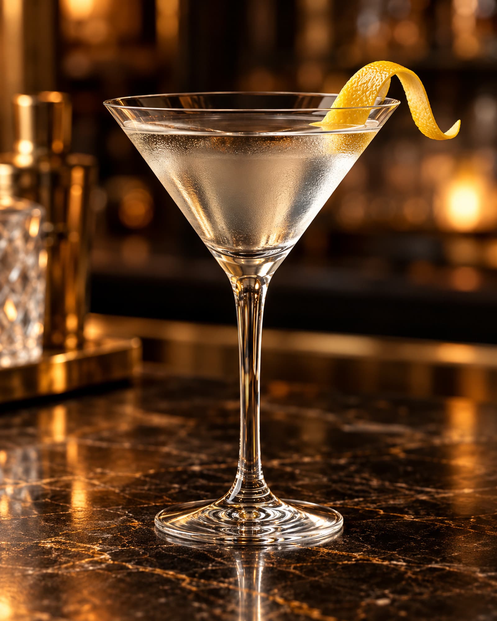 Clear Dry Martini in a V-shaped glass with a lemon twist.