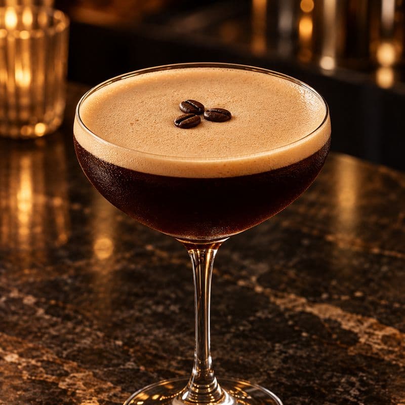 Dark Espresso Martini with tan foam and three coffee beans in a stemmed glass.