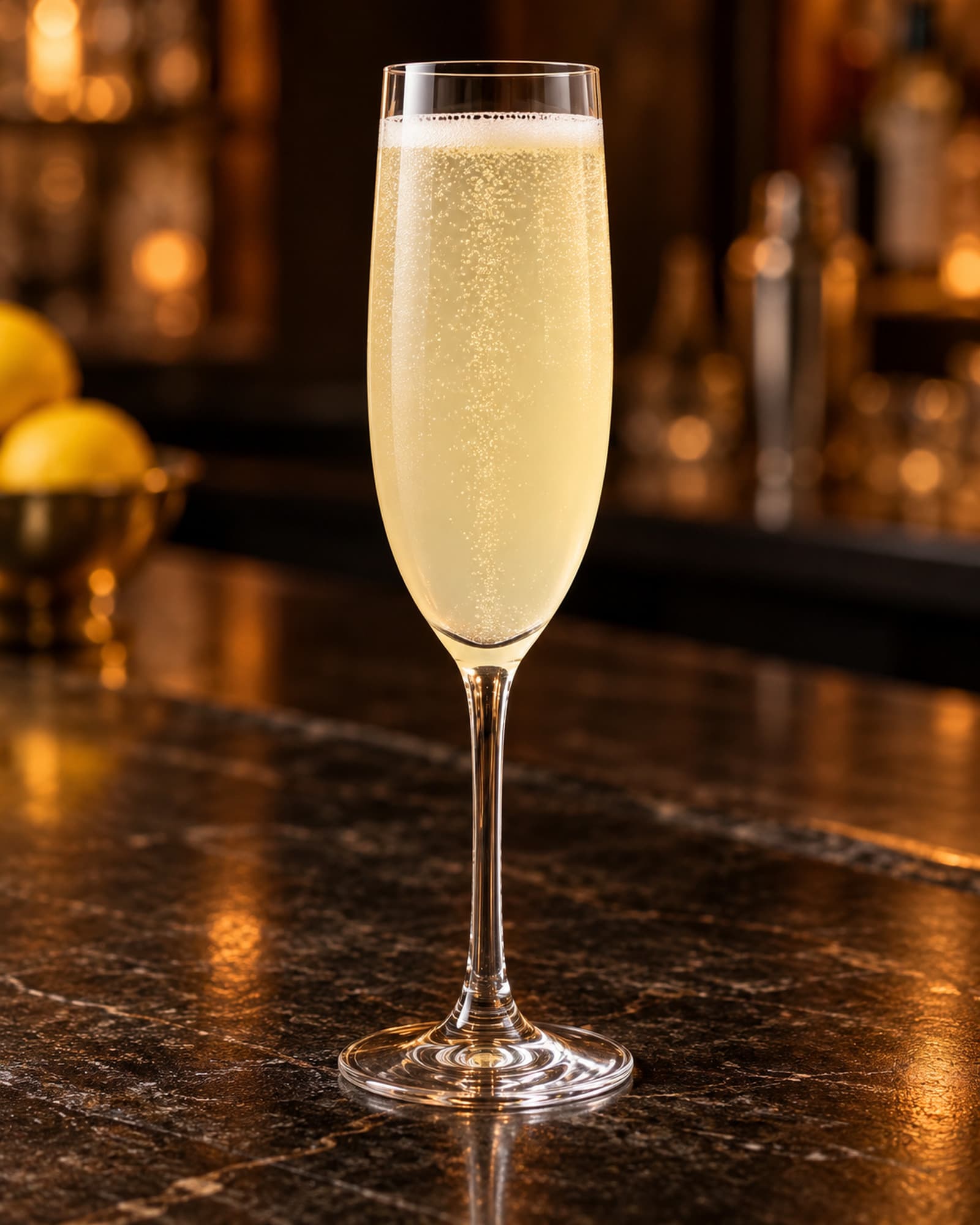 Pale sparkling French 75 in a tall Champagne flute.
