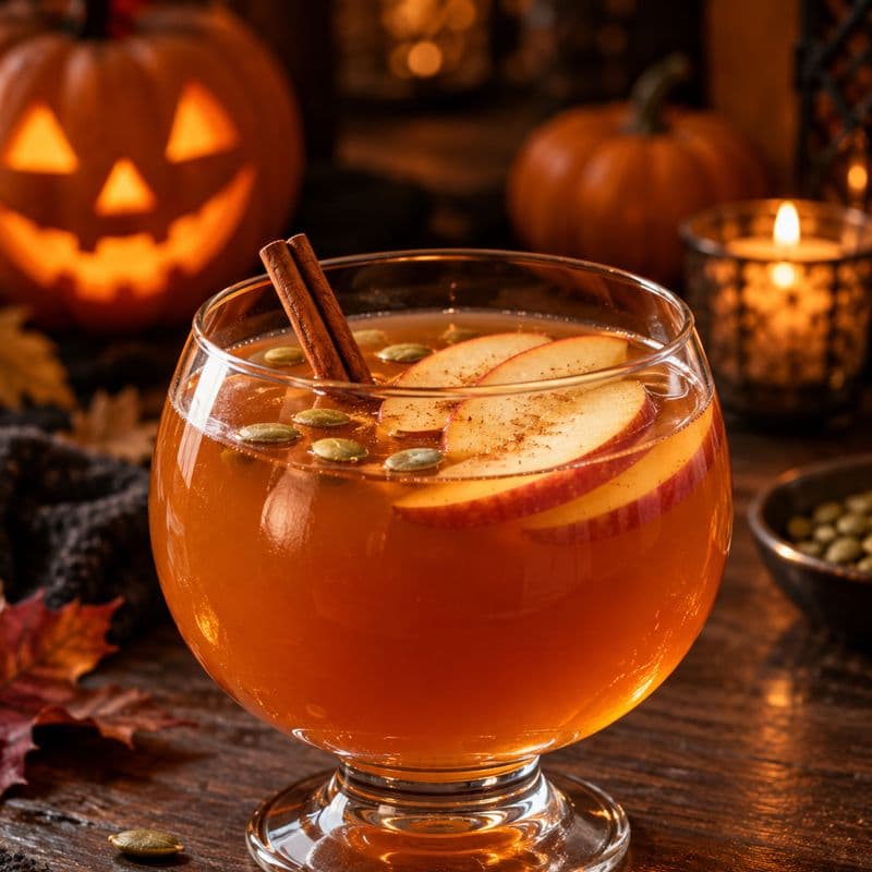 Amber apple and rum Jack-o’-Lantern Punch in a rounded glass with cinnamon, apple and pumpkin seeds.
