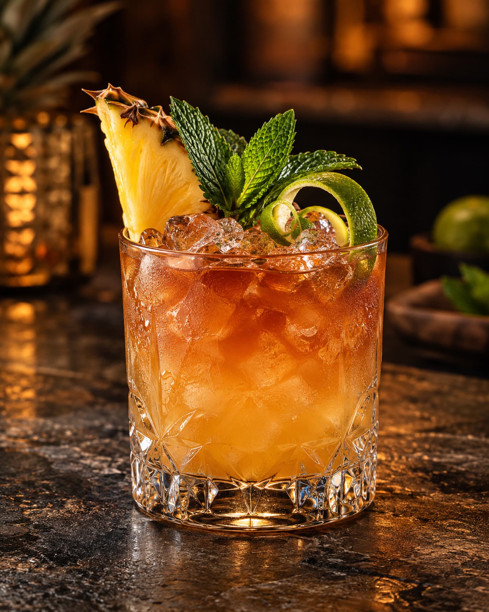 Amber Mai Tai over ice with pineapple, mint and lime peel.
