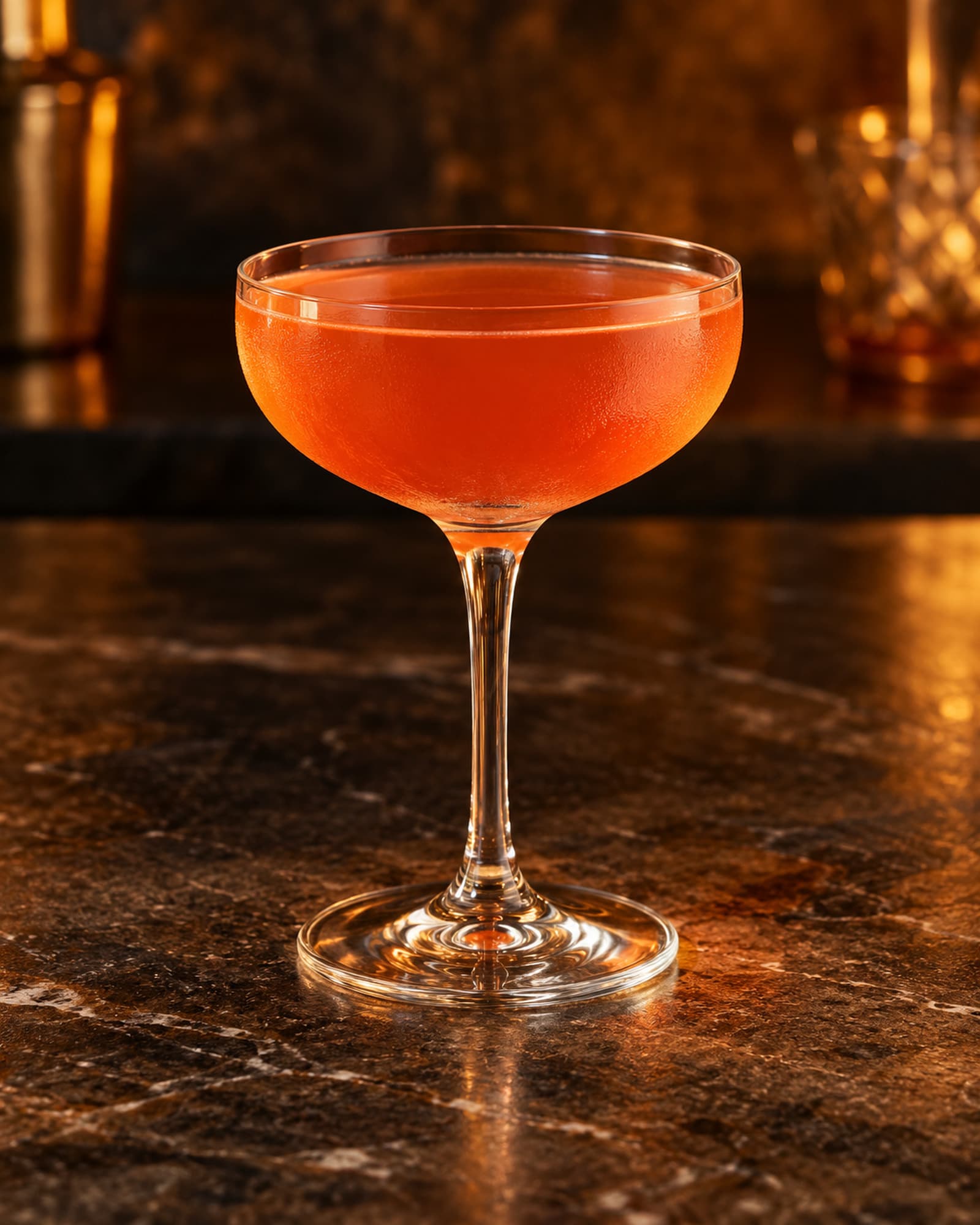 Orange-pink Paper Plane cocktail served up in a stemmed coupe.