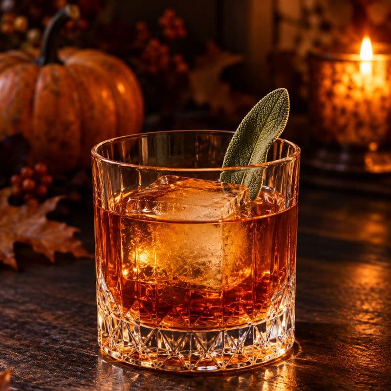 Copper amber Pumpkin Old Fashioned over a large ice cube with a sage leaf.