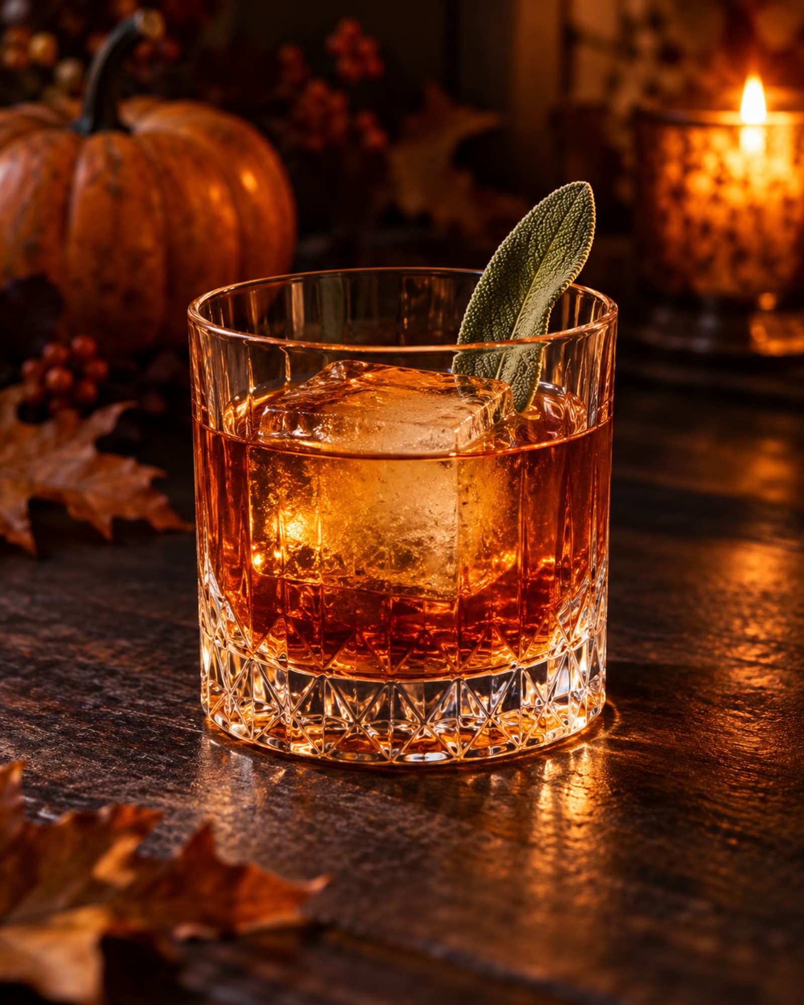 Copper amber Pumpkin Old Fashioned over a large ice cube with a sage leaf.