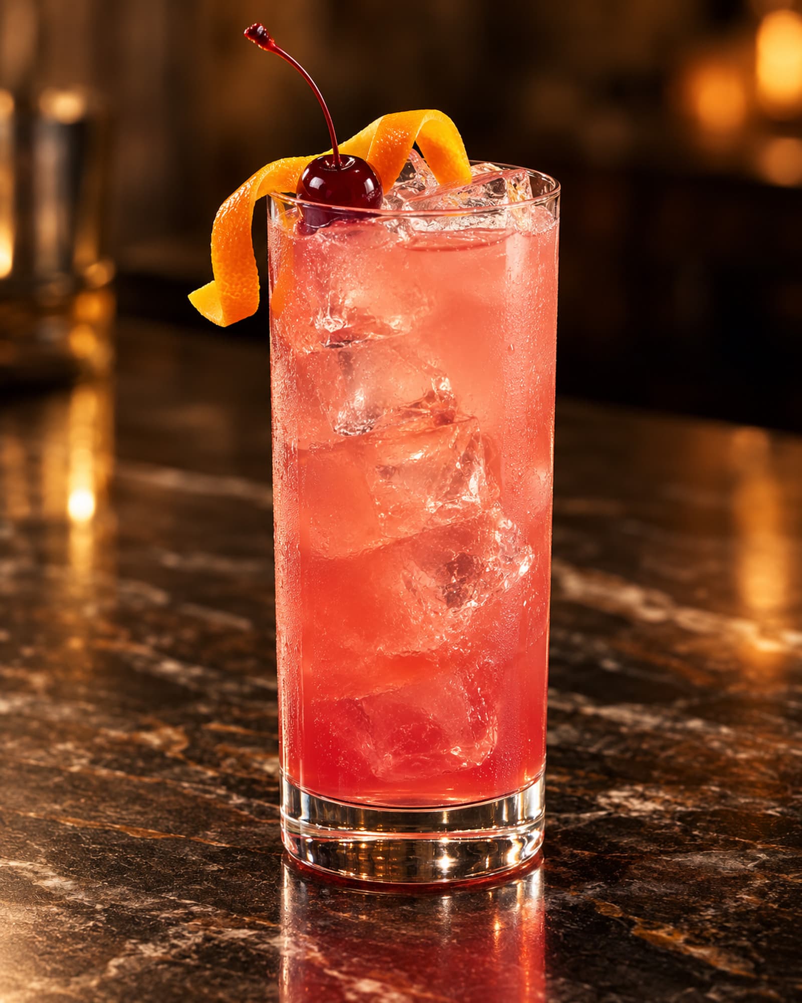 Pink Sea Breeze over ice with orange zest and a cocktail cherry.
