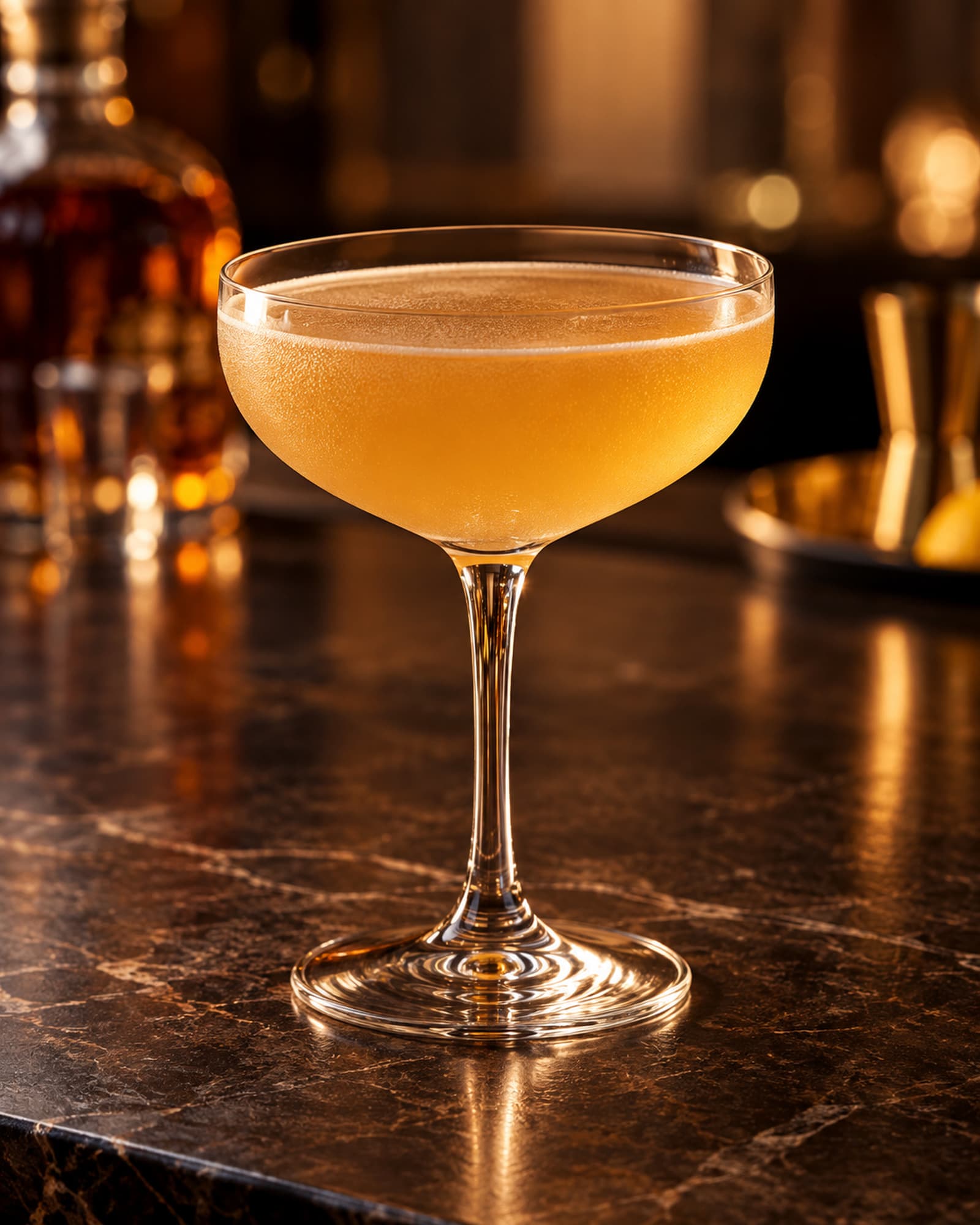 Amber Sidecar served straight up in a stemmed coupe.