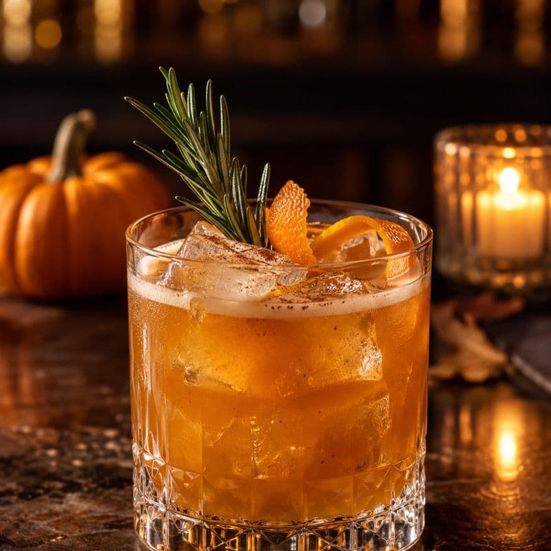 Amber pumpkin whiskey sour with rosemary and orange zest over ice in a rocks glass.