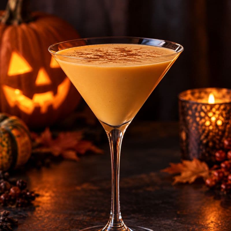 Creamy orange Spooky Pumpkin Martini with cinnamon dust in a chilled martini glass.