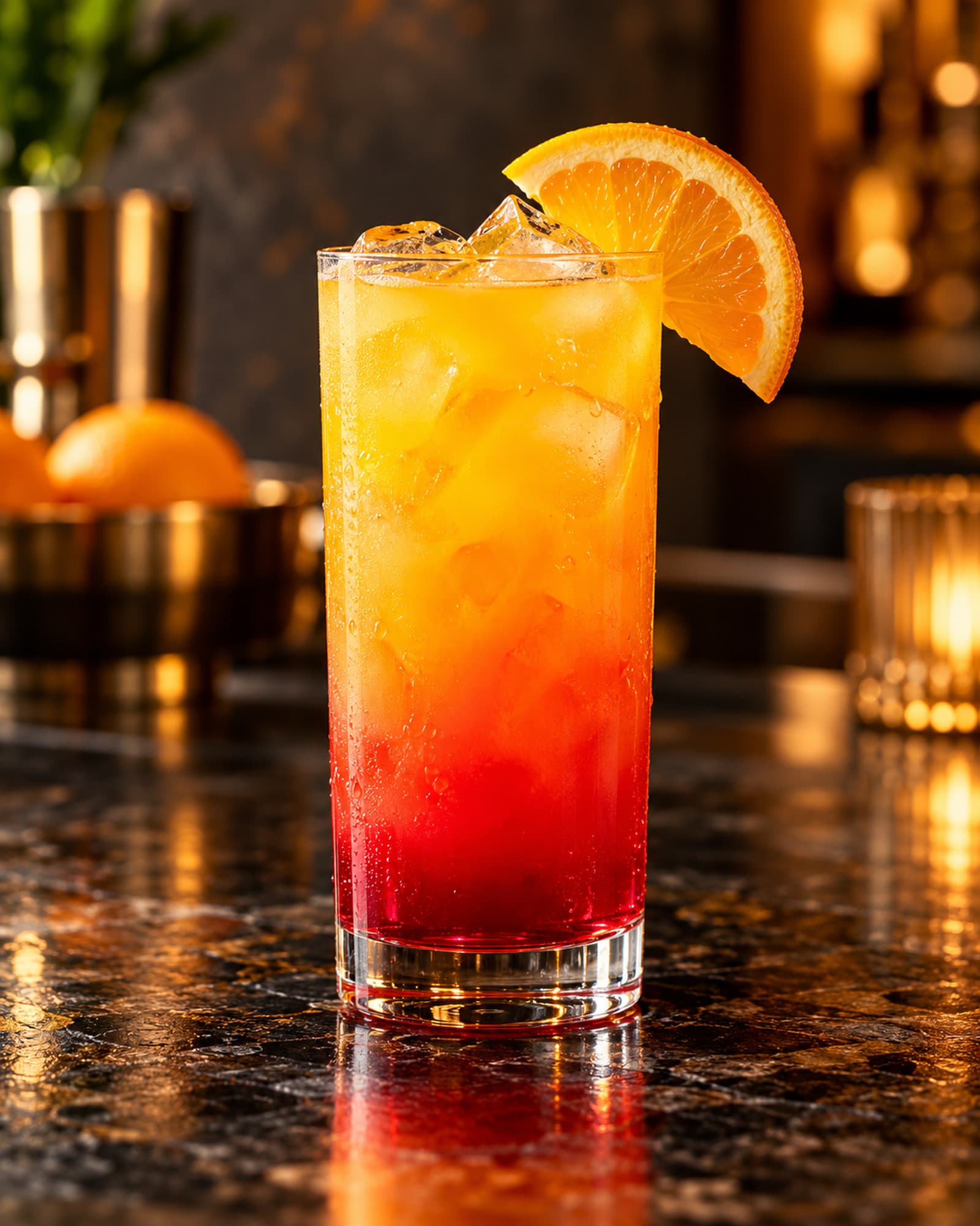 Orange Tequila Sunrise fading to red at the base, with an orange slice.