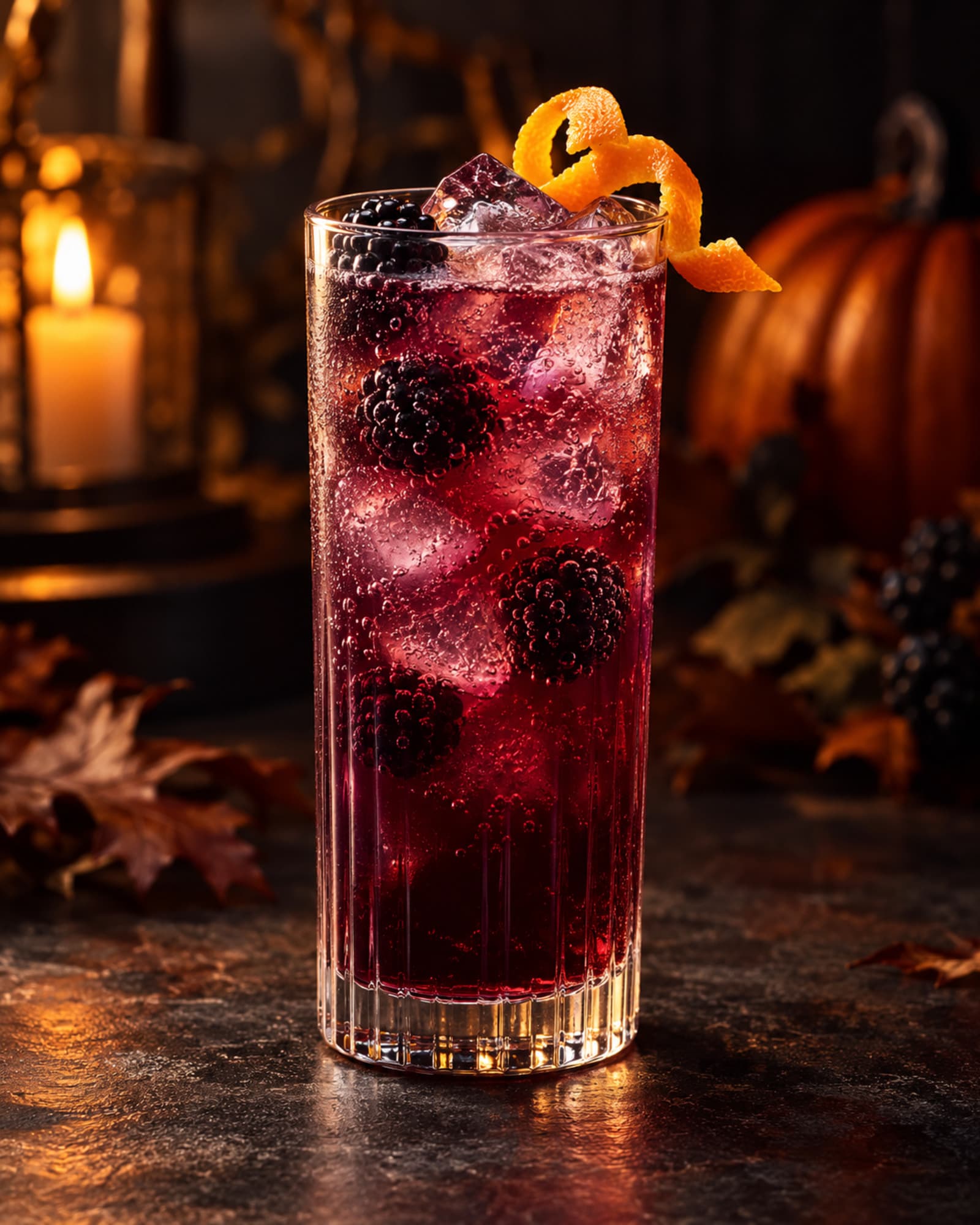 Dark purple-red Apparition highball with ice, bubbles and orange zest.