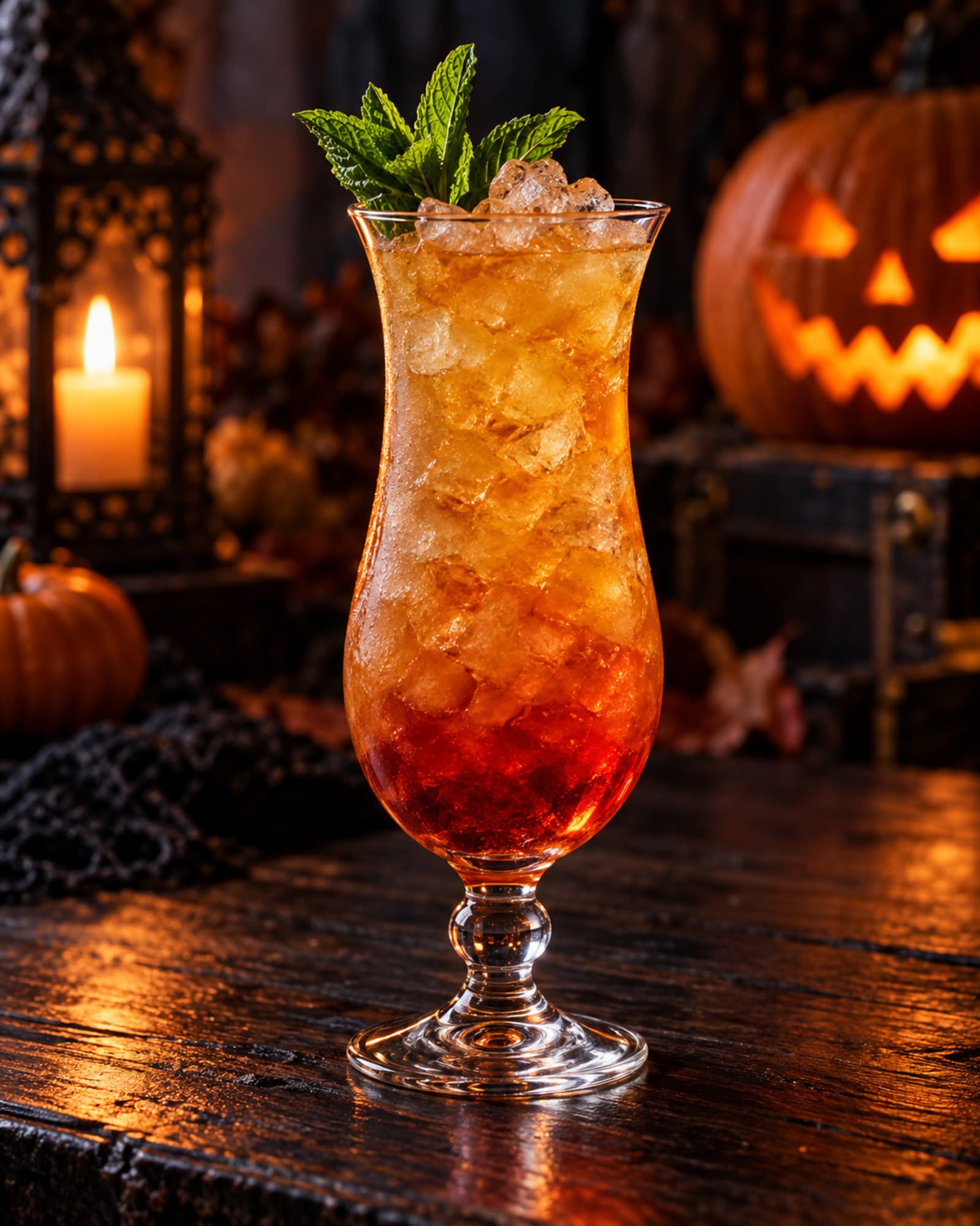 Golden amber Zombie tiki cocktail with crushed ice and mint in a hurricane glass.